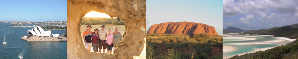 Bildleiste Sydney, Teilnehmer in Pinnacles, Uluru (Ayers Rock), Whitehaven Beach - der wei�este Strand der Welt
